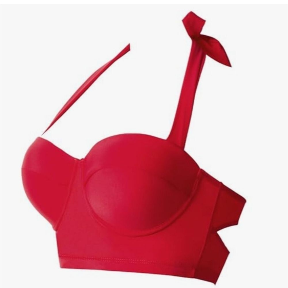 Cherry Cat Red Retro Push Up Underwire Halter Bikini Top, L